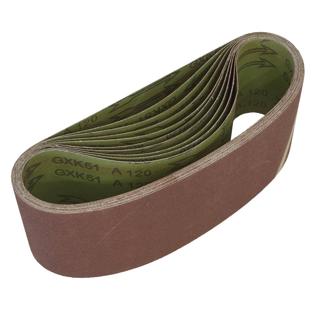 The Sealey Sanding Belt 100 x 610mm 120 Grit - Pack of 10 (WSB61120) features a coiled design with a brown aluminum oxide abrasive surface and a green inner side, making it perfect for woodworking applications that require 120 grit precision.