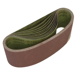 The Sealey Sanding Belt 100 x 610mm 120 Grit - Pack of 10 (WSB61120) features a coiled design with a brown aluminum oxide abrasive surface and a green inner side, making it perfect for woodworking applications that require 120 grit precision.