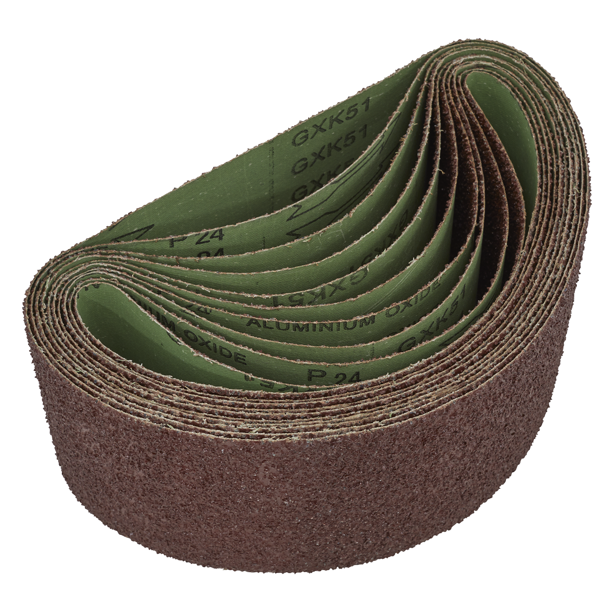 A coiled roll of Sealey Sanding Belt 100 x 610mm 24 Grit with green inner surfaces, labeled "GXK51" and "ALUMINIUM OXIDE P24," perfect for use in portable belt sanding machines, available in a pack of 5 (WSB61245).