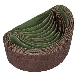 A coiled roll of Sealey Sanding Belt 100 x 610mm 24 Grit with green inner surfaces, labeled "GXK51" and "ALUMINIUM OXIDE P24," perfect for use in portable belt sanding machines, available in a pack of 5 (WSB61245).