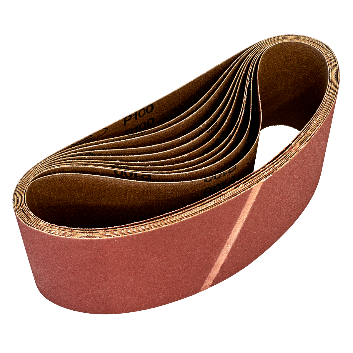 A pack of 10 Sealey sanding belts (Model: WSB62100) with 100 grit and dimensions of 100 x 620mm, displayed against a white background, ideal for woodworking applications.