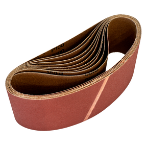 A pack of 10 Sealey sanding belts (Model: WSB62100) with 100 grit and dimensions of 100 x 620mm, displayed against a white background, ideal for woodworking applications.
