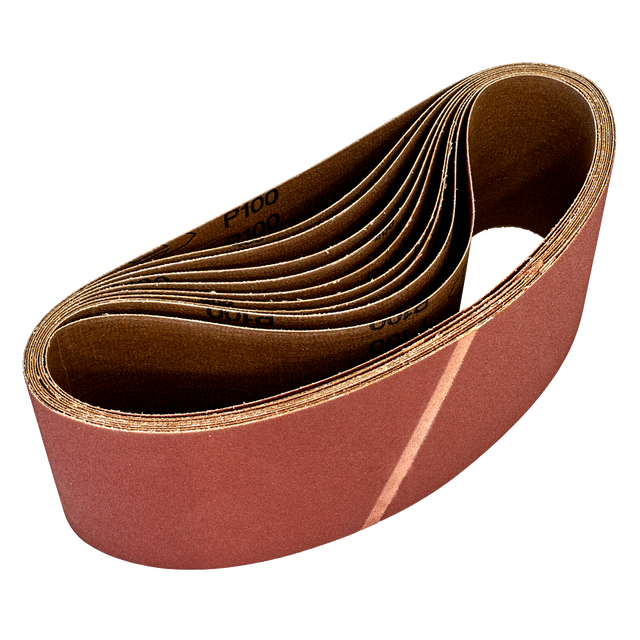 A pack of 10 Sealey sanding belts (Model: WSB62100) with 100 grit and dimensions of 100 x 620mm, displayed against a white background, ideal for woodworking applications.