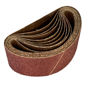 The Sealey Sanding Belt 100 x 620mm 24 Grit (Pack of 5, WSB62245) features a rough, gritty surface and clearly visible P24 grit marking, making it ideal for use with portable belt sanding machines.