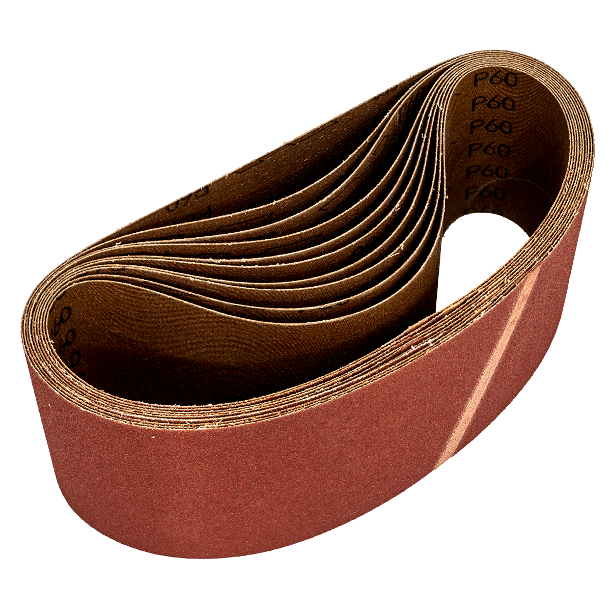 A tightly wound stack of Sealey Sanding Belt 100 x 620mm 60 Grit (Pack of 10 - WSB6260) belts, crafted from aluminium oxide, is arranged in an elongated loop, showcasing their uniform, coarse texture suitable for woodworking applications and sanding rough surfaces.