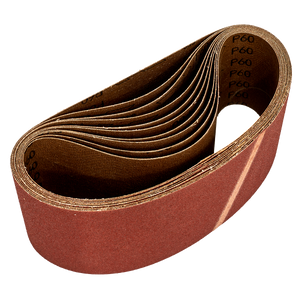 A tightly wound stack of Sealey Sanding Belt 100 x 620mm 60 Grit (Pack of 10 - WSB6260) belts, crafted from aluminium oxide, is arranged in an elongated loop, showcasing their uniform, coarse texture suitable for woodworking applications and sanding rough surfaces.