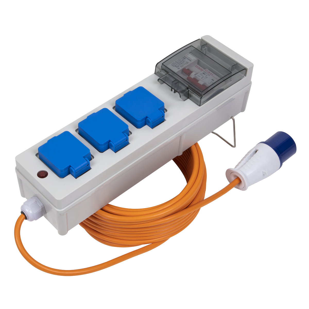 The Sealey Caravan & Camping Mains Unit with RCD 15m - WSC16133 features a power distribution panel with three blue sockets, an orange extension cord, a blue and white plug, and IP44 Rated protection.