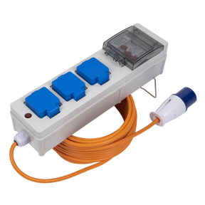 The Sealey Caravan & Camping Mains Unit with RCD 15m - WSC16133 features a power distribution panel with three blue sockets, an orange extension cord, a blue and white plug, and IP44 Rated protection.