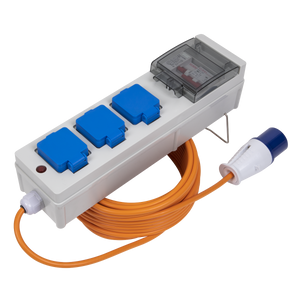 The Sealey Caravan & Camping Mains Unit with RCD 15m - WSC16133 features a power distribution panel with three blue sockets, an orange extension cord, a blue and white plug, and IP44 Rated protection.