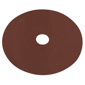 The Sealey Fibre Backed Disc Ø100mm - 120Grit Pack of 25 (WSD4120) is a circular brown sanding disc with a central hole, made from Aluminium oxide abrasive, ideal for grinding or polishing surfaces.