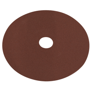 The Sealey Fibre Backed Disc Ø100mm - 120Grit Pack of 25 (WSD4120) is a circular brown sanding disc with a central hole, made from Aluminium oxide abrasive, ideal for grinding or polishing surfaces.