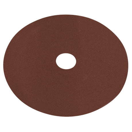 The Sealey Fibre Backed Disc Ø100mm - 120Grit Pack of 25 (WSD4120) is a circular brown sanding disc with a central hole, made from Aluminium oxide abrasive, ideal for grinding or polishing surfaces.