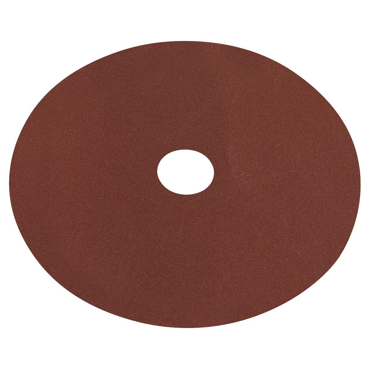 The Sealey Fibre Backed Disc Ø115mm - 80 Grit (Pack of 25) WSD4580 is a circular brown Aluminium oxide sanding disc with a hole in the center, ideal for use with portable disc sanders on wood or metal surfaces.