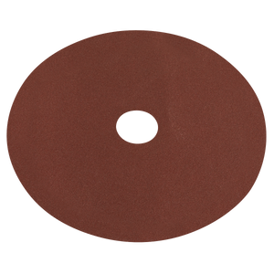 The Sealey Fibre Backed Disc Ø115mm - 80 Grit (Pack of 25) WSD4580 is a circular brown Aluminium oxide sanding disc with a hole in the center, ideal for use with portable disc sanders on wood or metal surfaces.