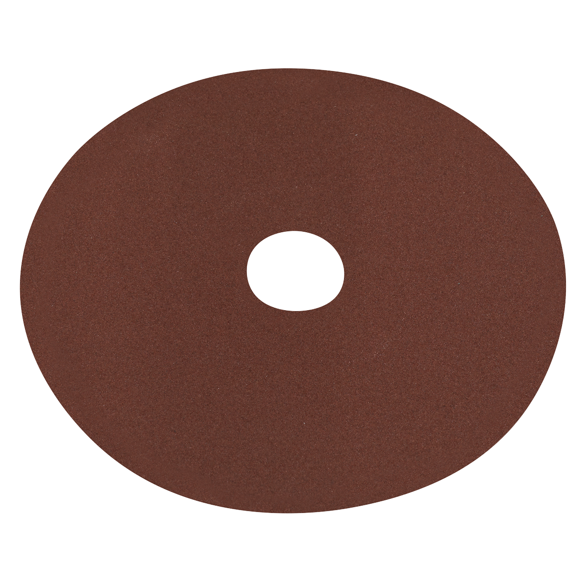 The Sealey Fibre Backed Disc Ø125mm - 120 Grit (Pack of 25, WSD5120) is a circular, brown aluminium oxide sanding disc with a central hole, ideal for use with portable disc sanders on wood and metal surfaces.