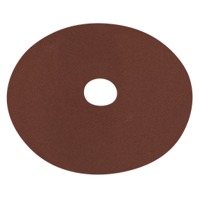 The Sealey Fibre Backed Disc Ø125mm - 120 Grit (Pack of 25, WSD5120) is a circular, brown aluminium oxide sanding disc with a central hole, ideal for use with portable disc sanders on wood and metal surfaces.