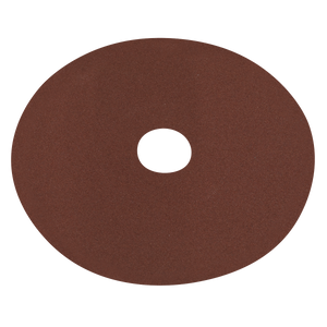 The Sealey Fibre Backed Disc Ø125mm - 120 Grit (Pack of 25, WSD5120) is a circular, brown aluminium oxide sanding disc with a central hole, ideal for use with portable disc sanders on wood and metal surfaces.