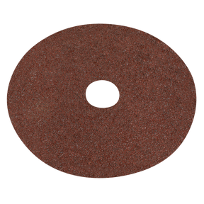 The Sealey Fibre Backed Disc Ø125mm - 24Grit (Pack of 25, WSD524) is a brown circular aluminium oxide abrasive disc with a central hole, ideal for grinding or sanding in industrial applications, particularly when used with portable disc sanders.