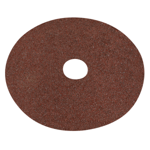 The Sealey Fibre Backed Disc Ø125mm - 24Grit (Pack of 25, WSD524) is a brown circular aluminium oxide abrasive disc with a central hole, ideal for grinding or sanding in industrial applications, particularly when used with portable disc sanders.