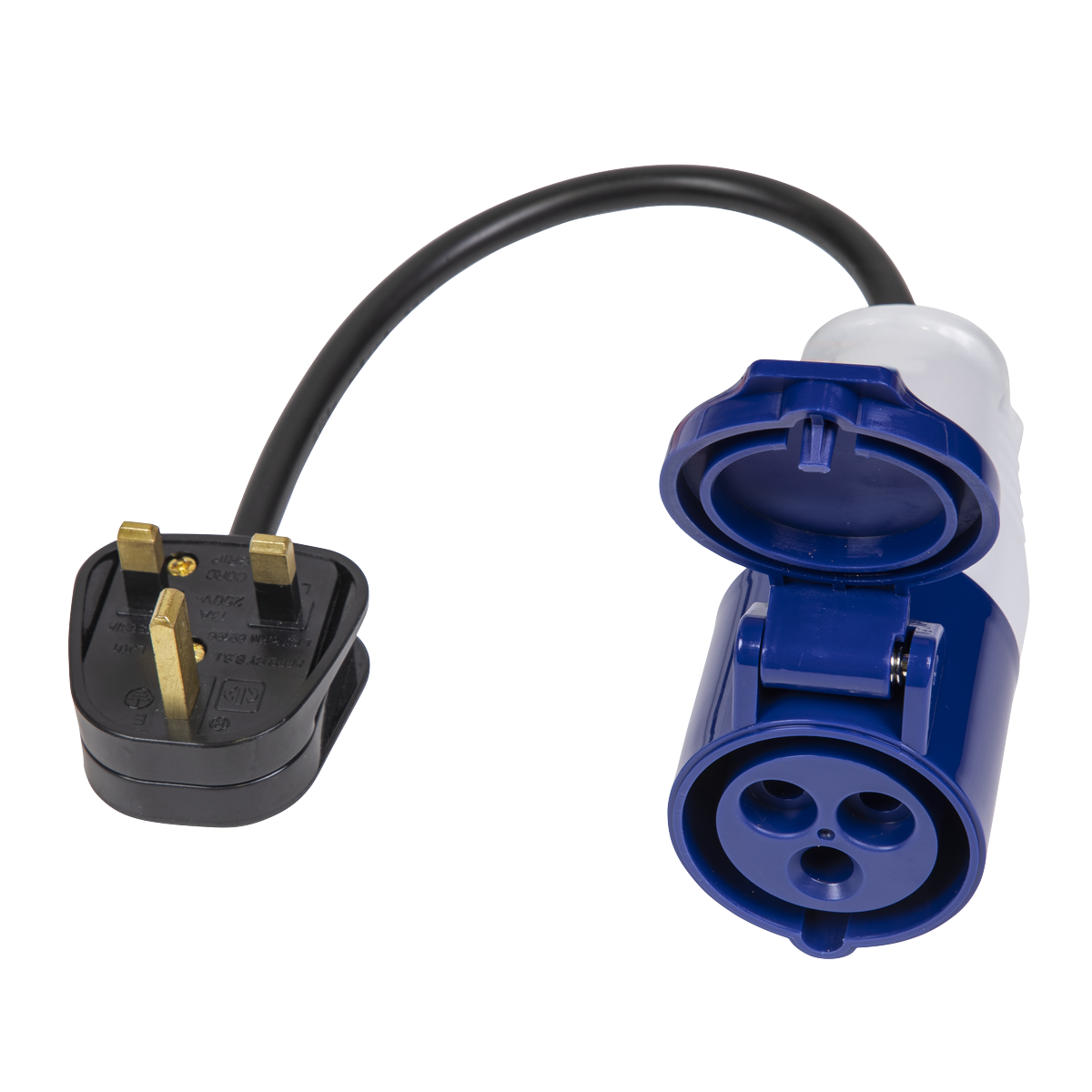 A standard UK plug, rated at 230V~50Hz, is connected to a blue and white 3-pin industrial socket adapter via a short black cable using the Sealey 13A/16A Trailing Socket & Cable Set - WSP1316.