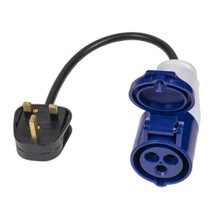 A standard UK plug, rated at 230V~50Hz, is connected to a blue and white 3-pin industrial socket adapter via a short black cable using the Sealey 13A/16A Trailing Socket & Cable Set - WSP1316.