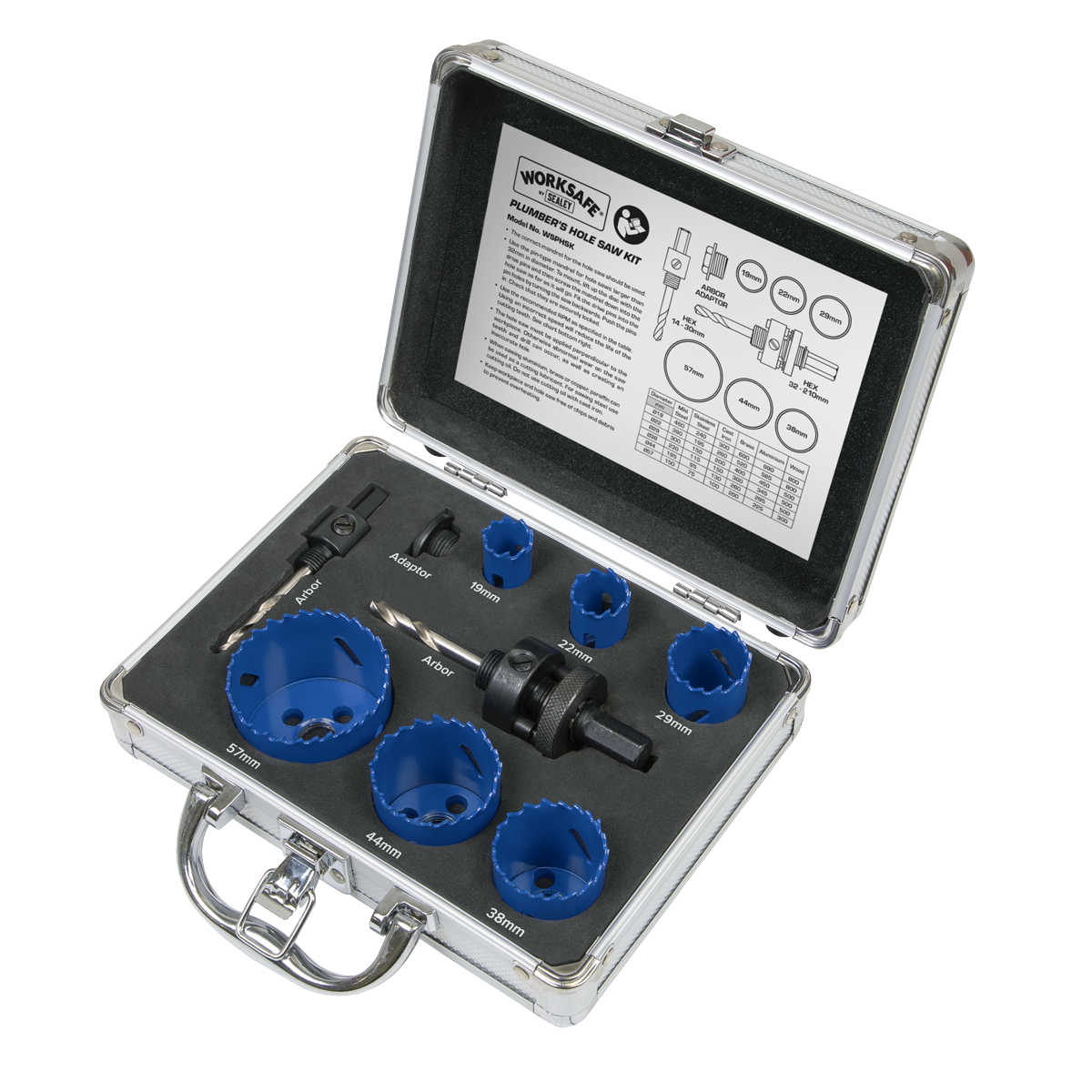 An open metal case from Sealey contains the Hole Saw Kit 9pc - Plumbers - WSPHSK, featuring various blue bi-metal blades, arbors, a drill bit, and an instruction sheet inside the lid.