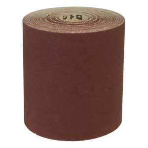 A roll of Sealey Production Sanding Roll 115mm x 10m - Fine 120Grit (WSR10120), often used with orbital sanders, stands upright on a white background.