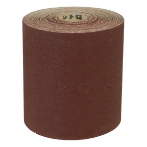 The Sealey Production Sanding Roll 115mm x 10m - Ultra-Fine 240 Grit (WSR10240) stands upright, showcasing its rough, textured aluminum oxide abrasive surface.