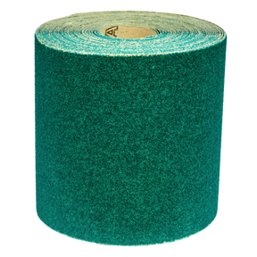 A large roll of green sandpaper, the Sealey Production Sanding Roll 115mm x 10m - Coarse 60Grit - WSR1060, featuring a durable aluminium abrasive, is displayed against a white background.