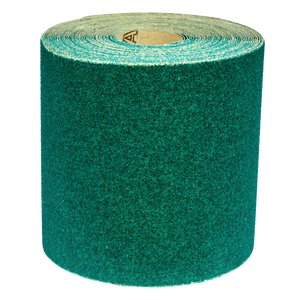 A large roll of green sandpaper, the Sealey Production Sanding Roll 115mm x 10m - Coarse 60Grit - WSR1060, featuring a durable aluminium abrasive, is displayed against a white background.