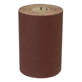A large roll of Sealey's Production Sanding Roll 115mm x 5m - Fine 120Grit (WSR5120), ideal for orbital sanders, stands upright against a white background.