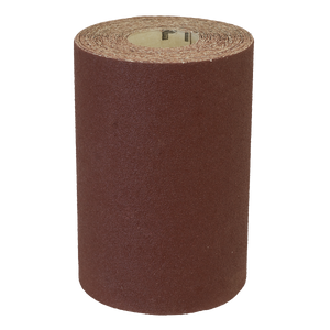 A large roll of Sealey's Production Sanding Roll 115mm x 5m - Fine 120Grit (WSR5120), ideal for orbital sanders, stands upright against a white background.