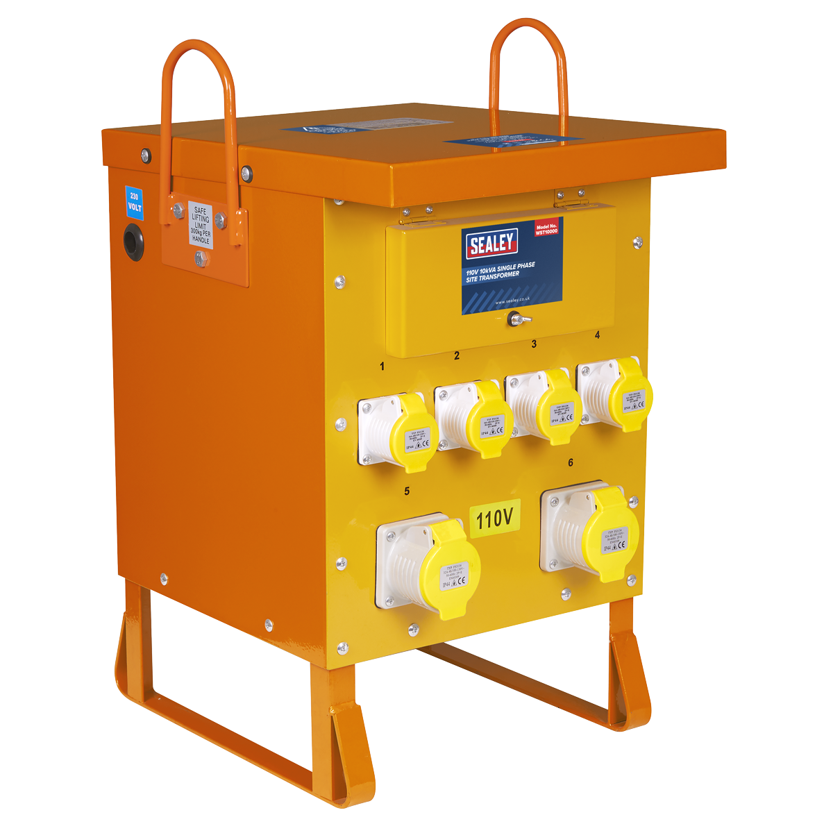 The Sealey 110V 10kVA Single Phase Site Transformer (WST10000) is a robust electrical power distribution unit in yellow and orange, equipped with multiple 110V outlets. It features an integrated 110V transformer and convenient top handles. Additionally, it boasts an IP44 rating for enhanced protection in diverse environments.