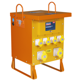 The Sealey 110V 10kVA Single Phase Site Transformer (WST10000) is a robust electrical power distribution unit in yellow and orange, equipped with multiple 110V outlets. It features an integrated 110V transformer and convenient top handles. Additionally, it boasts an IP44 rating for enhanced protection in diverse environments.
