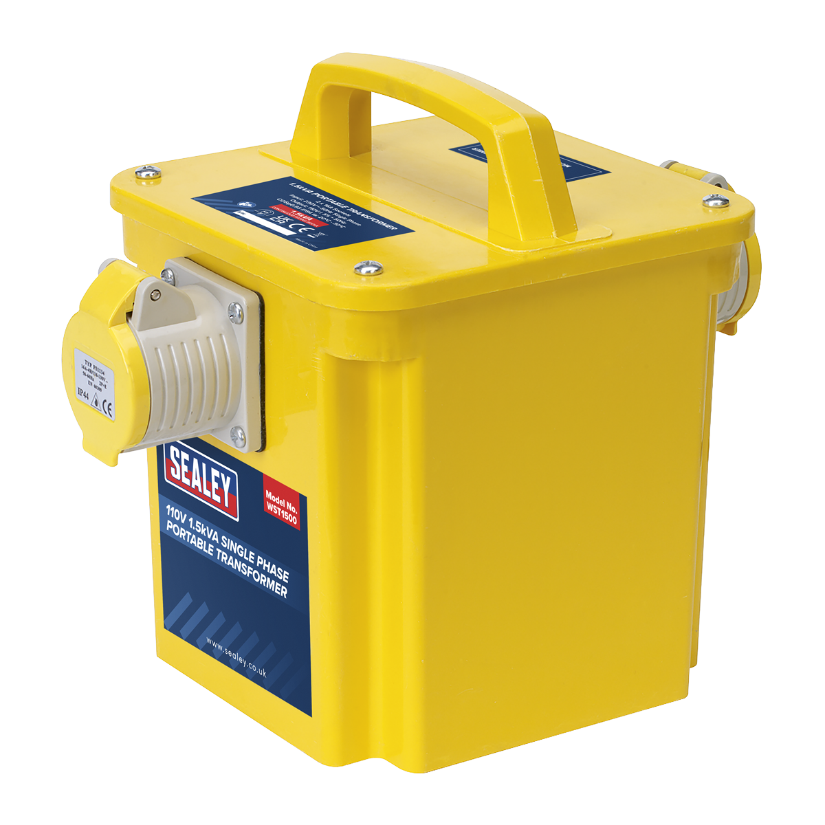 A yellow Sealey Portable Transformer 1.5kVA - WST1500, 110V single-phase with a handle on top, a power socket on the side, and an IP54 rating for durability in harsh conditions.