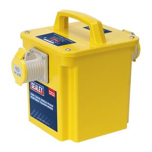 A yellow Sealey Portable Transformer 1.5kVA - WST1500, 110V single-phase with a handle on top, a power socket on the side, and an IP54 rating for durability in harsh conditions.