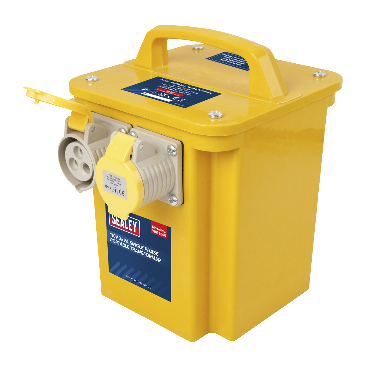 The Sealey Portable Transformer 3000VA - WST3000 is a yellow, single-phase 110V transformer featuring a carrying handle, socket, and thermostatic overload protection.