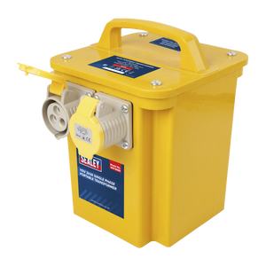 The Sealey Portable Transformer 3000VA - WST3000 is a yellow, single-phase 110V transformer featuring a carrying handle, socket, and thermostatic overload protection.