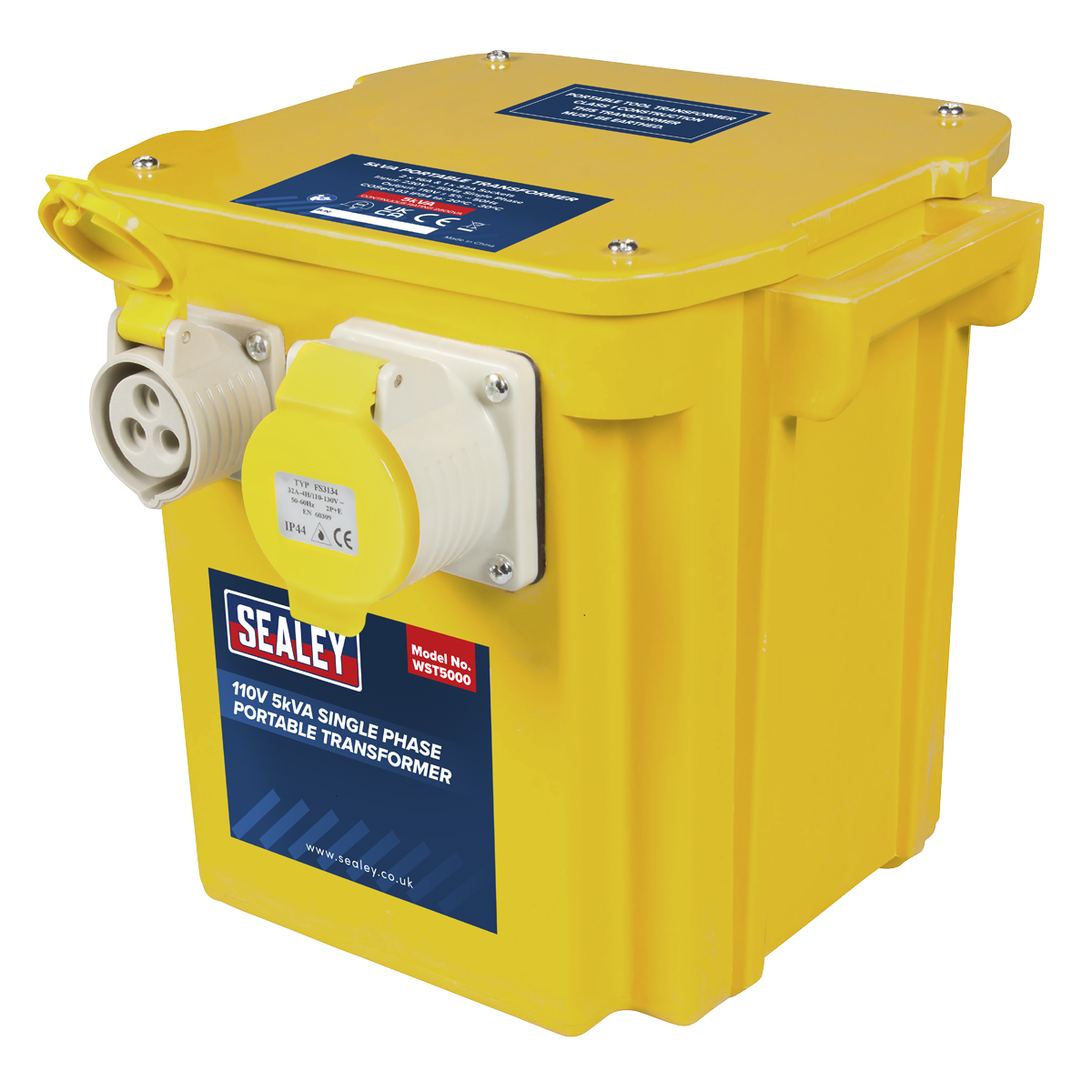 The Yellow Portable Transformer 5kVA - WST5000 from Sealey is a 110V, single-phase unit featuring thermostatic overload protection, a handle, and two plug sockets with clear product branding. It is IP44 rated for enhanced safety and durability.