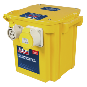 The Yellow Portable Transformer 5kVA - WST5000 from Sealey is a 110V, single-phase unit featuring thermostatic overload protection, a handle, and two plug sockets with clear product branding. It is IP44 rated for enhanced safety and durability.