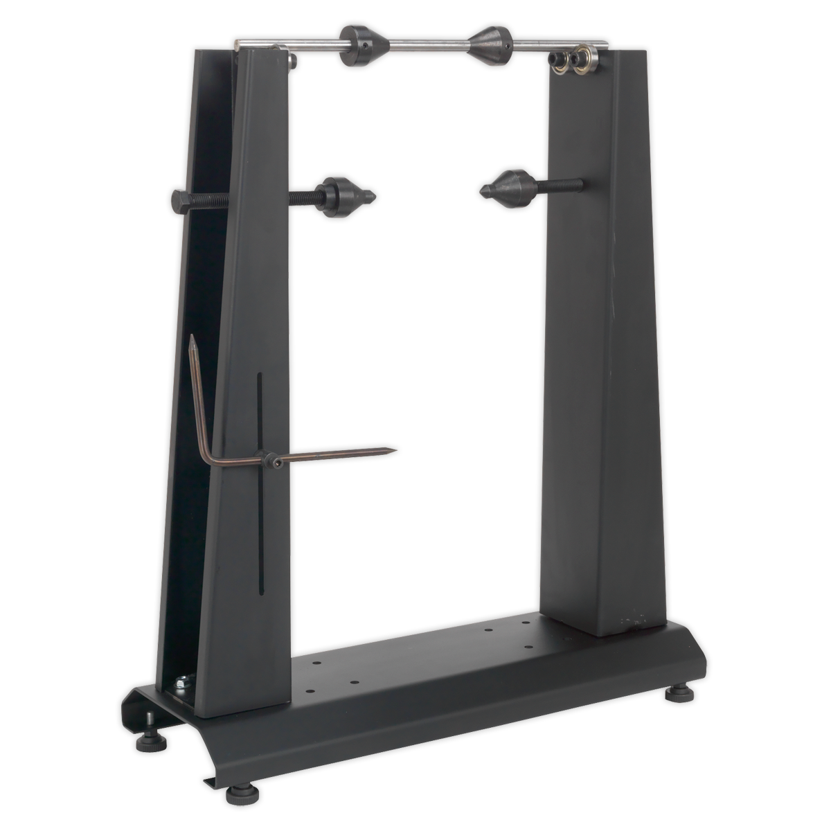 Sealey's WTS01 Motorcycle & Bicycle Wheel Balancer & Truing Stand features a sturdy black base with adjustable arms, designed to hold multiple wheels in place. It achieves precise alignment akin to professional truing stands, ensuring your wheels are securely balanced and trued.