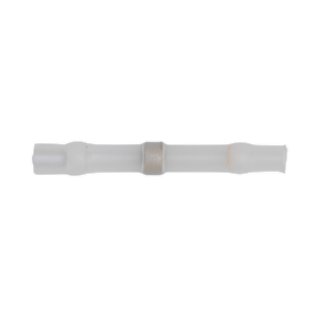 The Sealey Heat Shrink Butt Connector Solder Terminal (WTSSB25) is a cylindrical, transparent plastic connector with a central metal band, designed for connecting electrical wires and compatible with cable sizes 24-22 AWG. This product comes in a pack of 25 and is available in white.