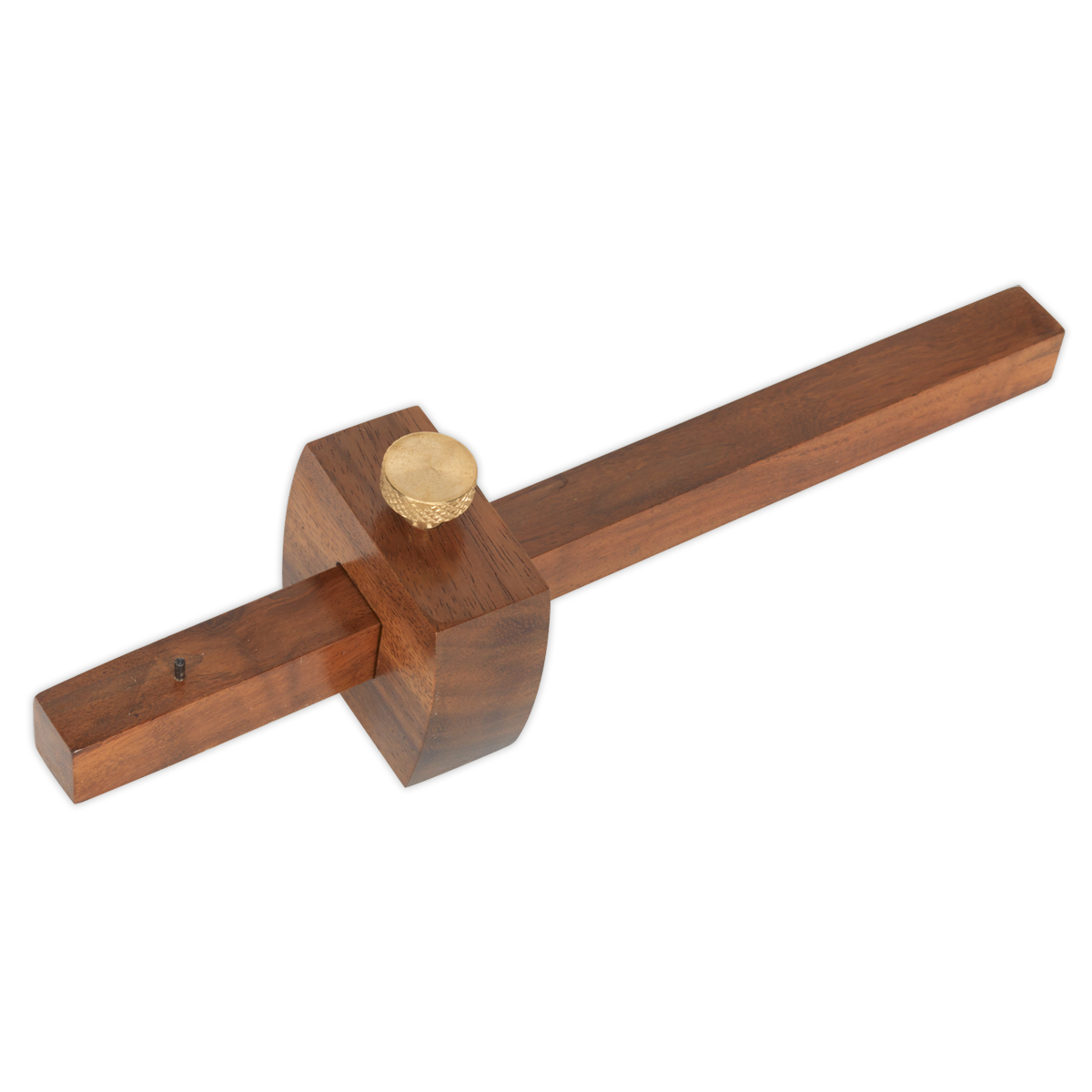 The Sealey Hardwood Marking Gauge 230mm - WW002 features a hardwood body and a knurled brass adjusting screw for precise adjustments. It is designed for woodworking to mark accurate measurements and lines with the help of its hardened marking spur.