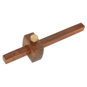 The Sealey Hardwood Marking Gauge 230mm - WW002 features a hardwood body and a knurled brass adjusting screw for precise adjustments. It is designed for woodworking to mark accurate measurements and lines with the help of its hardened marking spur.