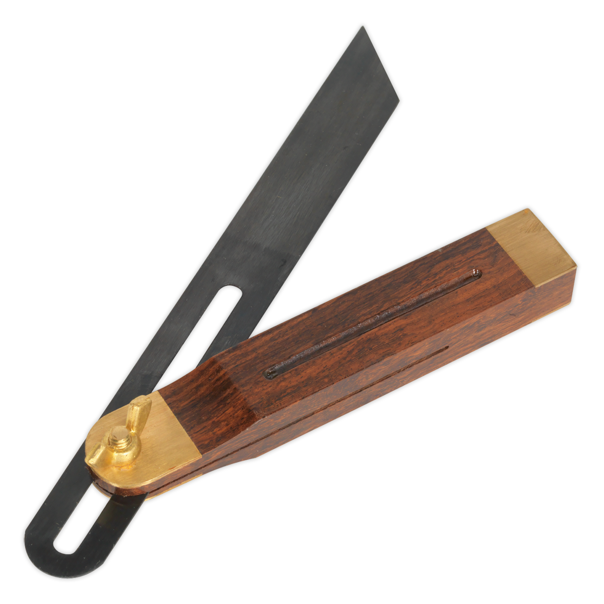 The "Adjustable Sliding Carpentry Bevel - WW007" by Sealey features a hardwood body and a blackened steel blade, ideal for measuring and transferring angles in woodworking and construction.