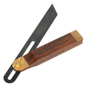 The "Adjustable Sliding Carpentry Bevel - WW007" by Sealey features a hardwood body and a blackened steel blade, ideal for measuring and transferring angles in woodworking and construction.