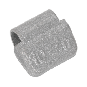 A close-up view of a small, gray, cylindrical object with a groove on one side and the characters "10E21" embossed on it, reminiscent of Sealey's Wheel Weight 10g Hammer-On Plastic Coated Zinc for Alloy Wheels (Pack of 100) - WWAH10 found in European and Asian vehicles.