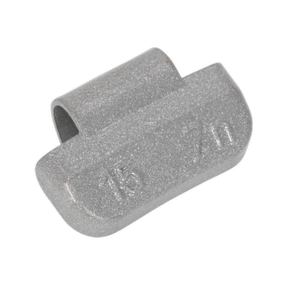 A close-up view of a Sealey Wheel Weight, part number WWAH15, shows the silver-colored metal component with numbers "15" and "21" etched on its surface, reminiscent of precision-made parts found in European and Asian vehicles.