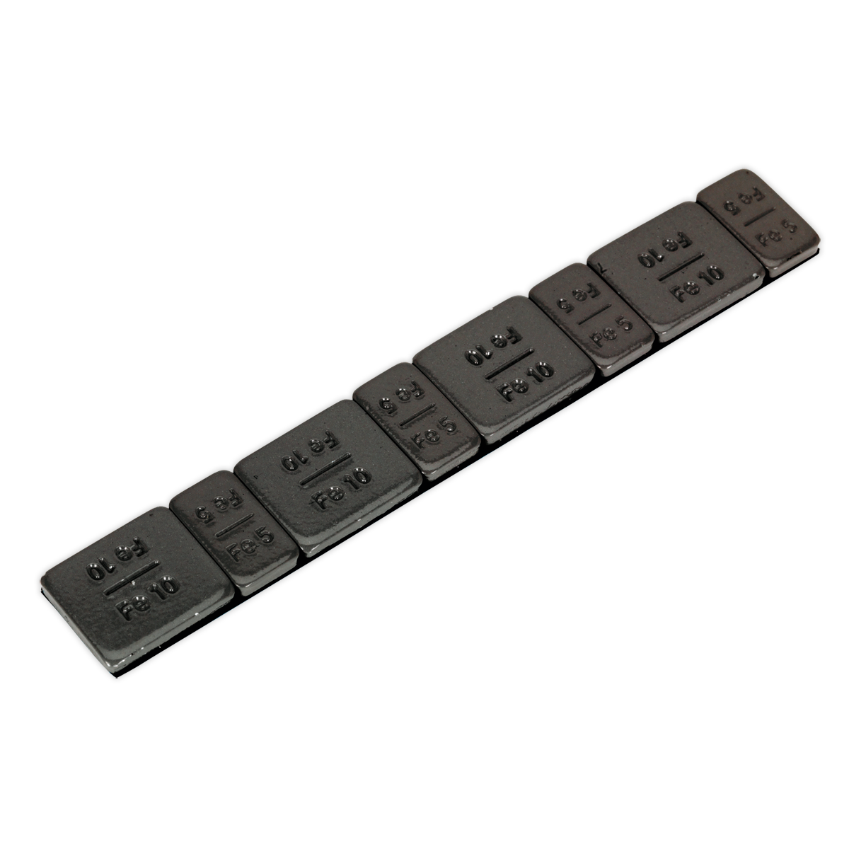 A strip of Sealey's Wheel Weight 5 & 10g Adhesive Zinc Plated Steel Black (WWSA510B), arranged in a row with individual segments showing their respective weights in grams, features a corrosion-resistant finish for durability and an adhesive backing for easy application.