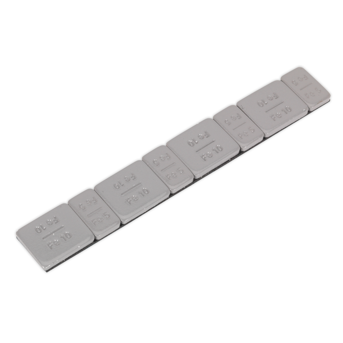 A strip of eight rectangular zinc-plated wheel weights from Sealey, plastic-coated and featuring adhesive backing, with four weights marked with "5g" and four with "10g," used for balancing vehicle wheels according to OEM standards. This product is part of the WWSA510PC pack of 100.